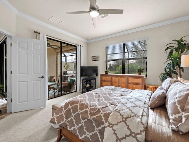 carpeted bedroom with ceiling fan, access to outside, and ornamental molding