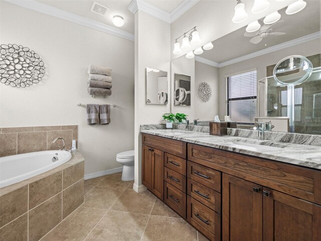 full bathroom featuring tile patterned flooring, vanity, shower with separate bathtub, toilet, and crown molding