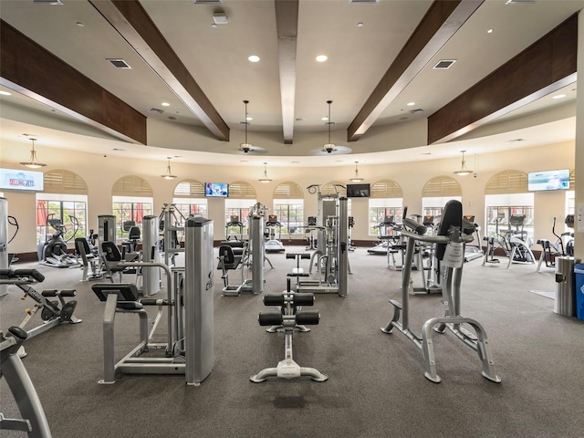 workout area featuring a high ceiling