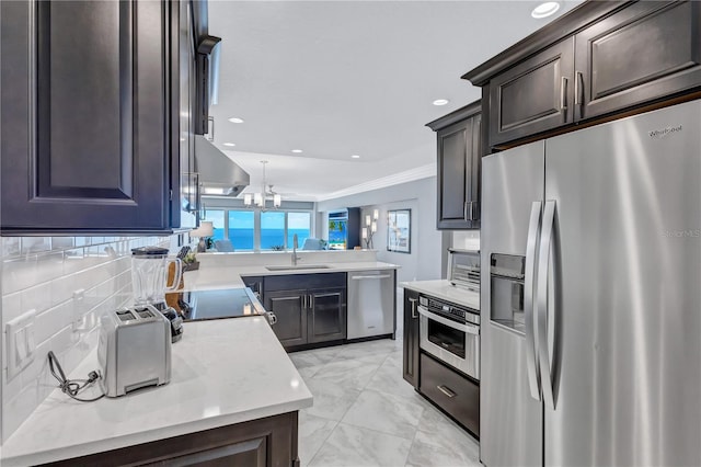 kitchen with exhaust hood, an inviting chandelier, crown molding, sink, and stainless steel appliances