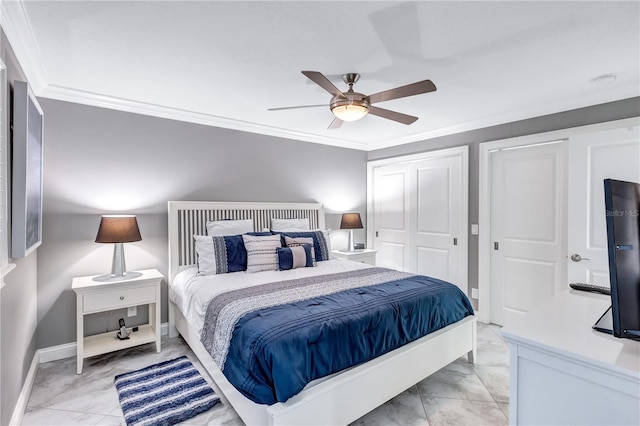 bedroom with ceiling fan and ornamental molding