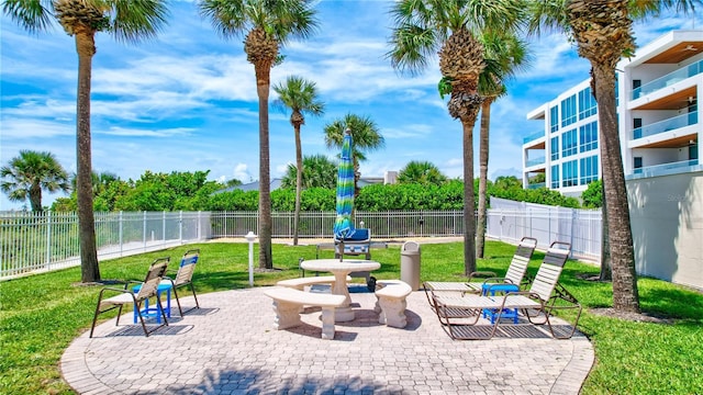 view of patio with a water view