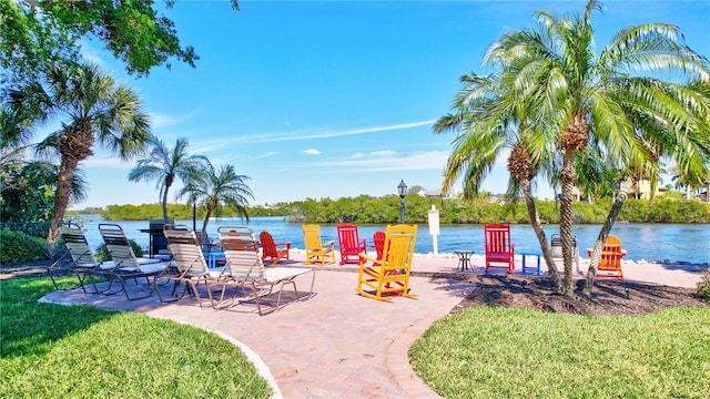 view of patio / terrace featuring a water view