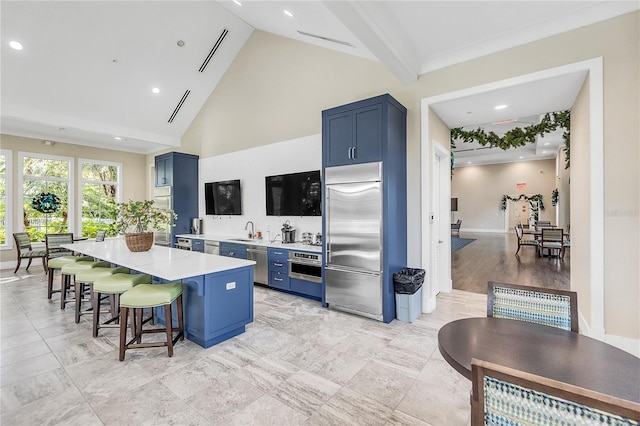 kitchen with blue cabinetry, sink, a kitchen bar, and stainless steel appliances