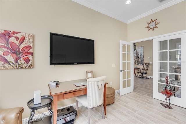 office area with french doors, light hardwood / wood-style flooring, and crown molding