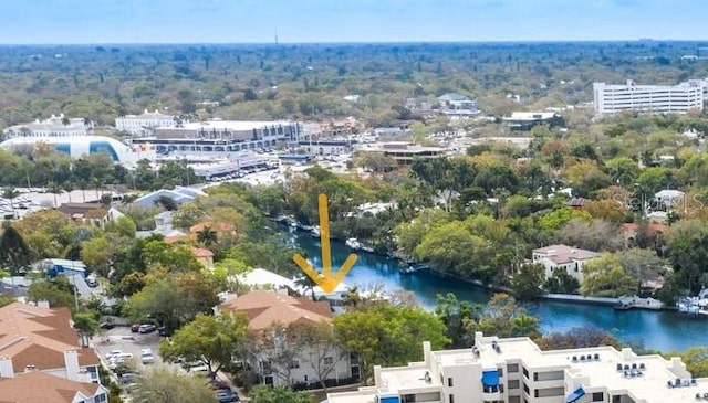 bird's eye view with a water view