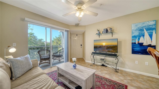 living room with light tile patterned floors and ceiling fan