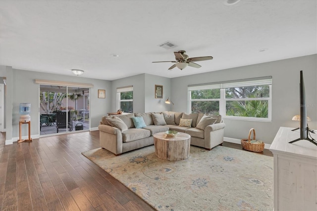 living room with ceiling fan, a wealth of natural light, and dark hardwood / wood-style flooring