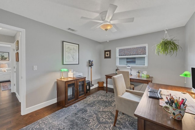 home office featuring ceiling fan and dark wood-type flooring