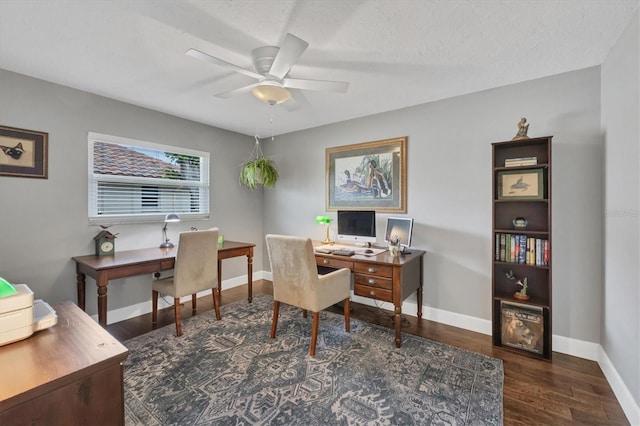 home office featuring ceiling fan, a textured ceiling, and dark hardwood / wood-style flooring