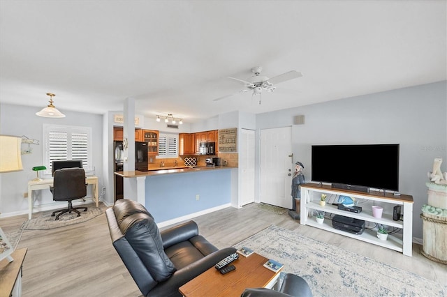 living room with ceiling fan and light hardwood / wood-style floors