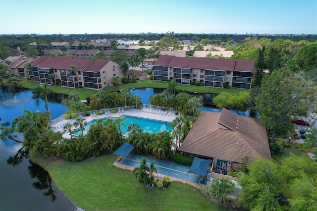 drone / aerial view featuring a water view