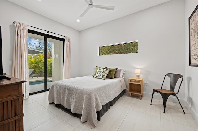 bedroom featuring ceiling fan, access to exterior, and light tile patterned flooring