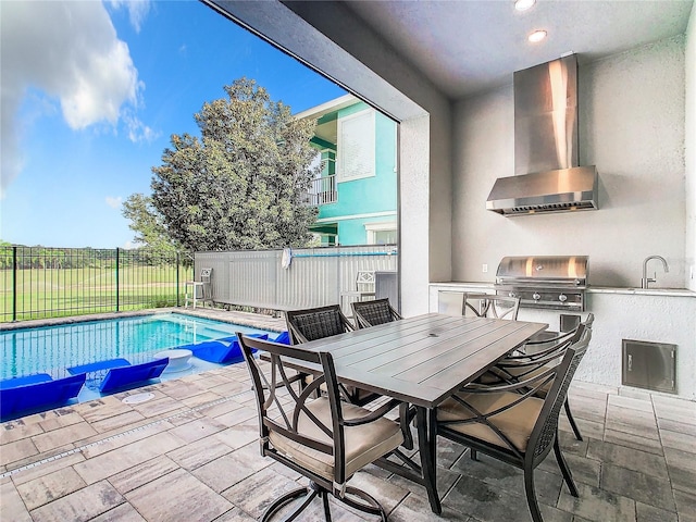 view of pool featuring area for grilling and sink