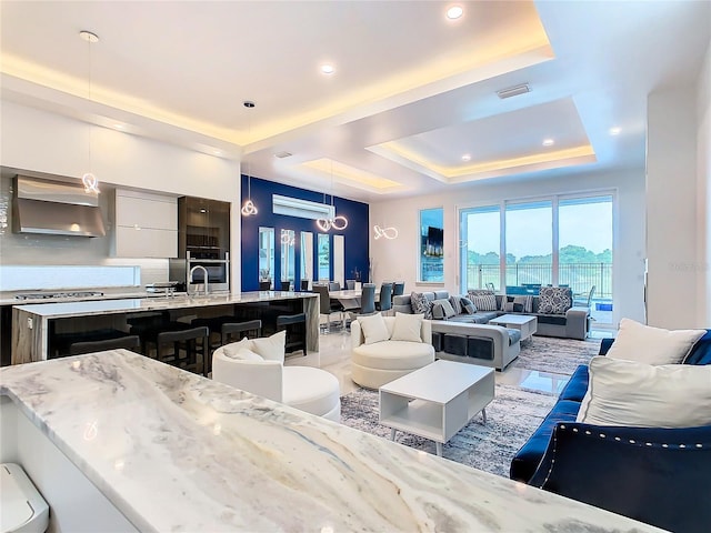 living room featuring a raised ceiling