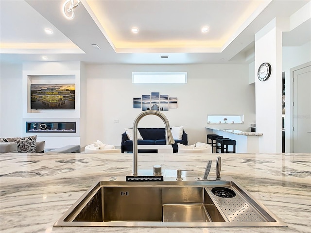 kitchen with a tray ceiling, light stone countertops, and sink