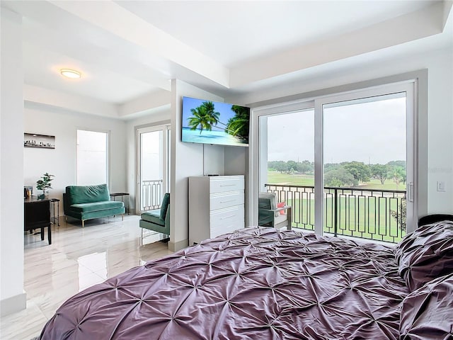 bedroom with a tray ceiling, access to outside, and multiple windows