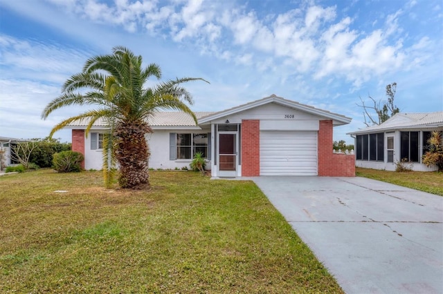 ranch-style house with a front yard and a garage