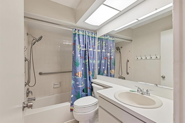 full bathroom with shower / bathtub combination with curtain, vanity, and toilet