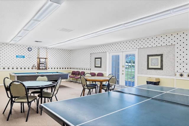 recreation room featuring french doors and billiards