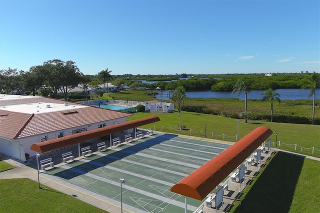 aerial view featuring a water view