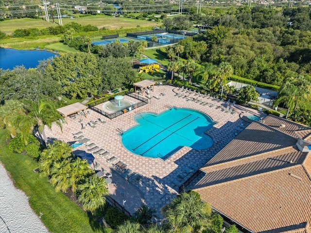 drone / aerial view with a water view