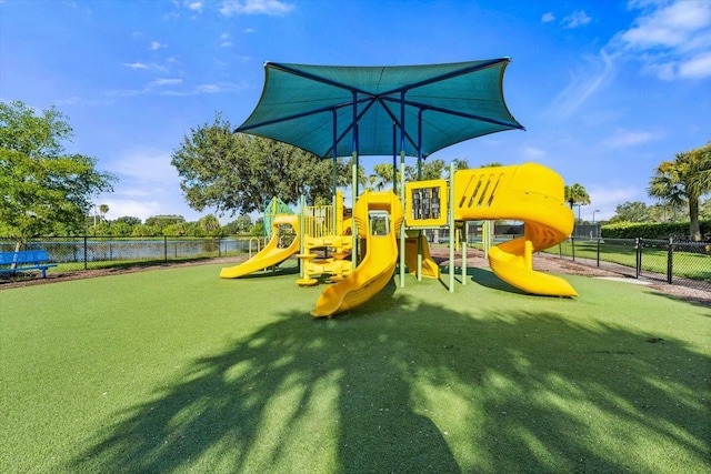 view of playground featuring a water view