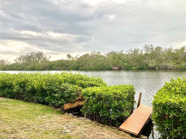 exterior space featuring a boat dock and a water view