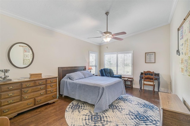 bedroom featuring ceiling fan, dark hardwood / wood-style floors, lofted ceiling, and crown molding