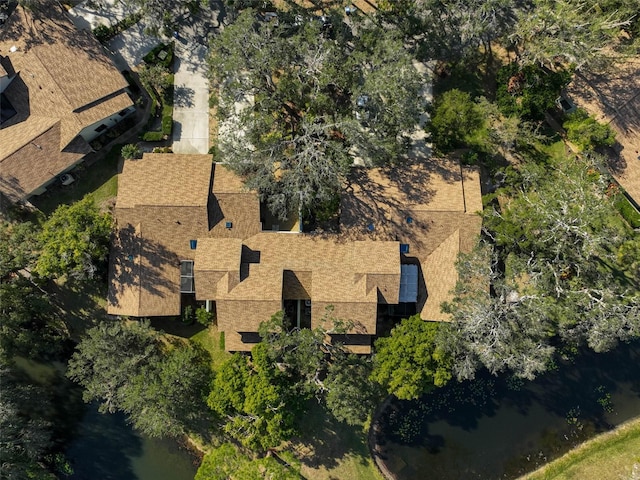 drone / aerial view featuring a water view