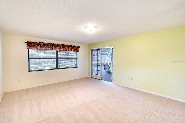 unfurnished room featuring light colored carpet and a textured ceiling