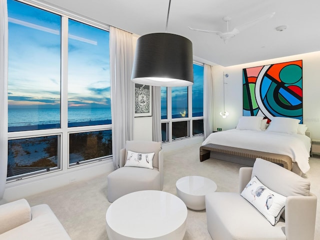 bedroom featuring carpet floors and a water view