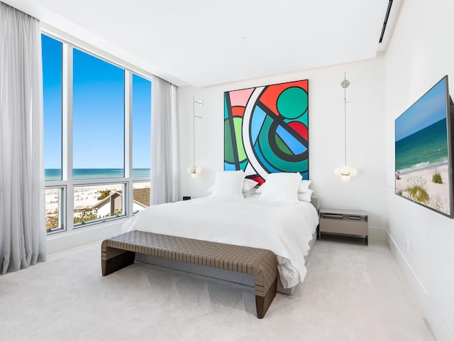 carpeted bedroom featuring a water view, a view of the beach, and baseboards