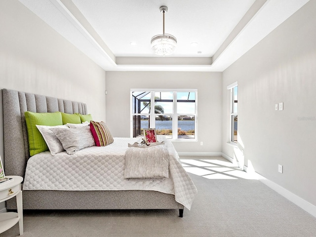 bedroom with carpet and a raised ceiling