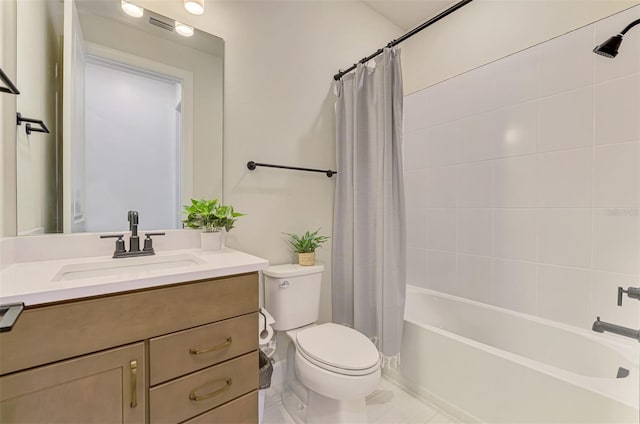 full bath with toilet, shower / tub combo with curtain, and vanity