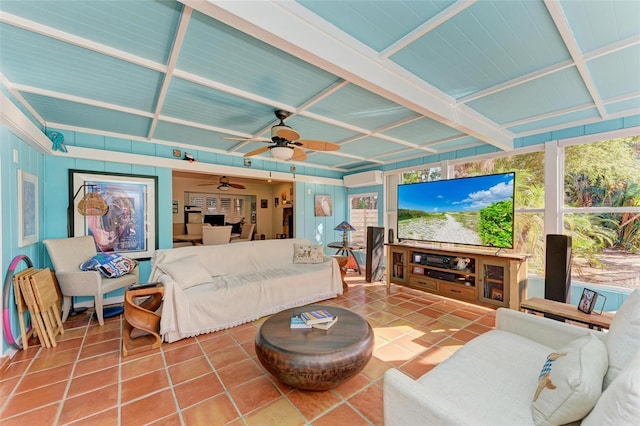 tiled living room featuring ceiling fan