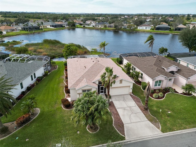 aerial view featuring a water view