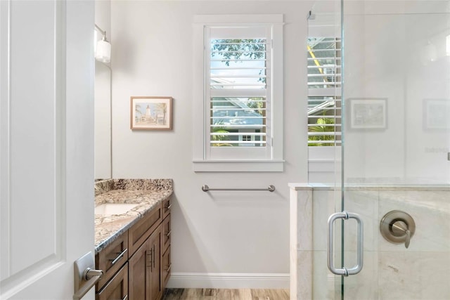 bathroom featuring vanity, hardwood / wood-style flooring, and an enclosed shower