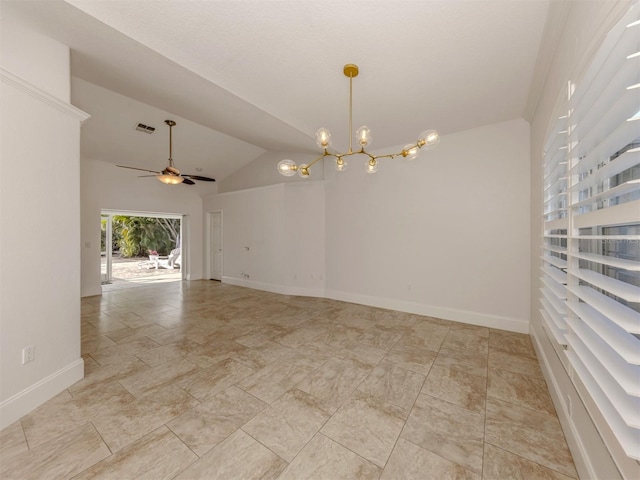 unfurnished room featuring vaulted ceiling and ceiling fan with notable chandelier