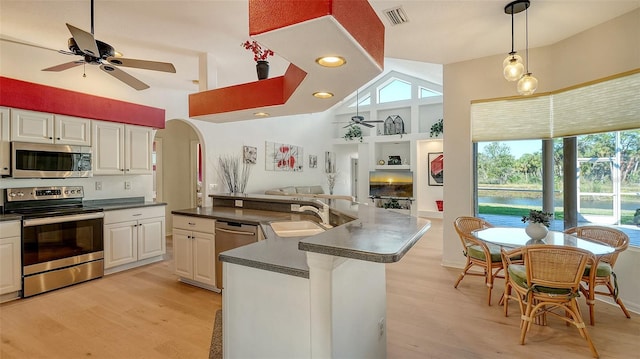 kitchen with white cabinets, stainless steel appliances, plenty of natural light, and ceiling fan