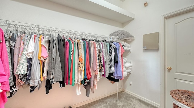 walk in closet featuring carpet flooring