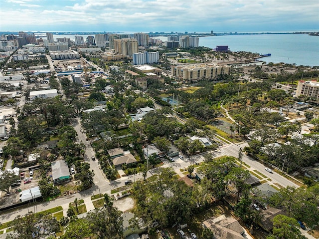 drone / aerial view featuring a water view