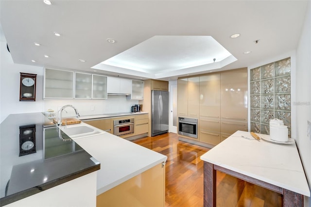 kitchen featuring a tray ceiling, kitchen peninsula, sink, and stainless steel appliances