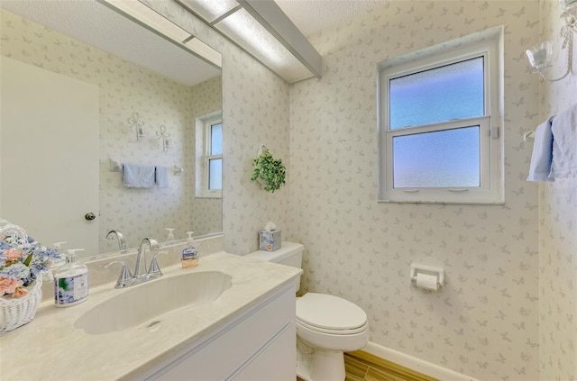 bathroom featuring vanity, a textured ceiling, wood-type flooring, and toilet