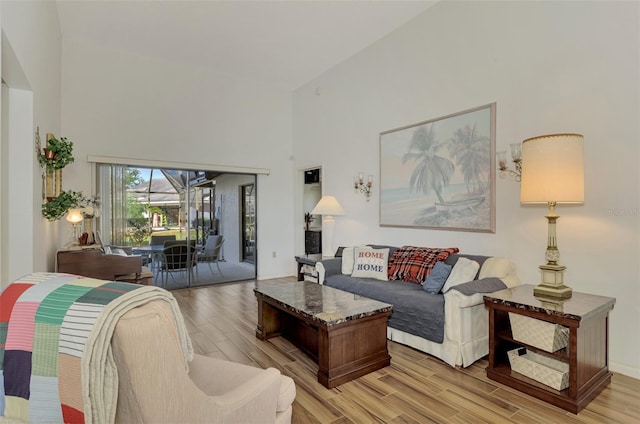 living room with a high ceiling and light hardwood / wood-style floors