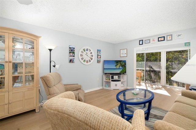 living room with light hardwood / wood-style floors and a textured ceiling