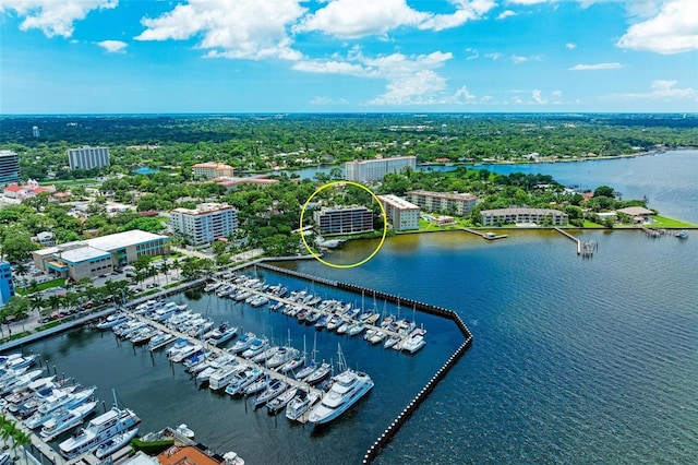 drone / aerial view with a water view