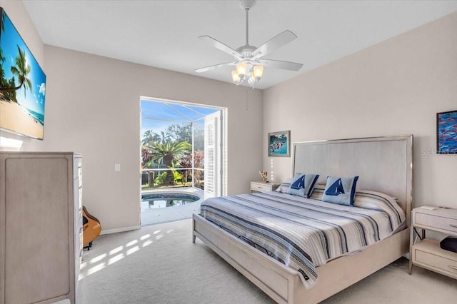 bedroom featuring light carpet, access to exterior, and ceiling fan