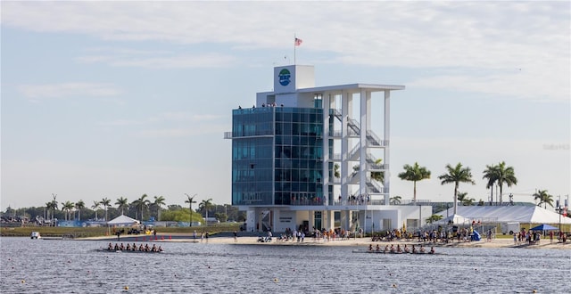 view of building exterior featuring a water view