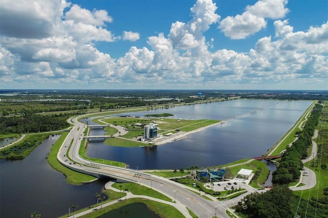 drone / aerial view featuring a water view